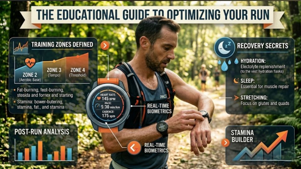 Running Heart Rate Zones: A Complete Guide to Training Smarter An educational running infographic explaining heart rate zones, recovery secrets, and real-time biometrics for athletes.