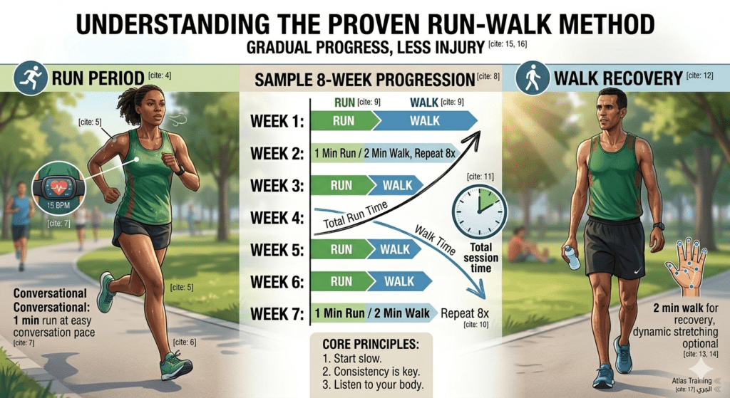 Beginner’s Guide to Running: How to Start, What to Expect, and How to Keep Going An educational infographic explaining the run-walk method for beginner runners, featuring a split illustration of a woman running and a man walking in a park with an 8-week training progression chart