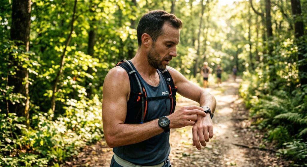 Running Heart Rate Zones: A Complete Guide to Training Smarter A professional athlete checking his running heart rate zones on his smartwatch during an outdoor trail run.