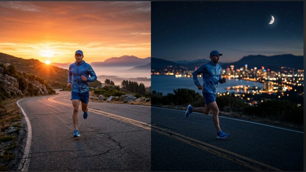 Morning vs Night Running: Which Is Better for Your Performance and Health? A professional runner training on an open road split-screen style showcasing morning sunrise on one side and evening city lights on the other.