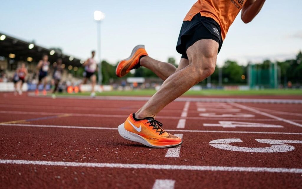 Proper Running Form and Technique: Breathing, Arms, Posture, and Foot Strike Close-up diagram of a runner executing a perfect midfoot strike landing on a track
